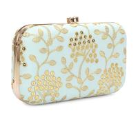 LONGING TO BUY Hand Crafted Designer Box Clutch - Zari Embroidery Hand Clutch Sky Blue-2 Small