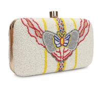 LONGING TO BUY Handcrafted Beaded Box Clutch Purse, Both Side Butterfly Embroidered Evening Bag with Gold Chain Strap (Cream)