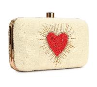 LONGING TO BUY Handcrafted Beaded Box Clutch Purse, Both Side Heart Design, Gold Chain Strap, 8.2x5x1.5 Inch (Cream Heart Design)