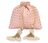 LONGING TO BUY Indian Embroidered Pearl Potli Bag For Women, Sequence Design with Tassel, Wedding Potli Bags Baby Pink-2 8.5 inches x 8.5 inches
