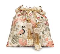 LONGING TO BUY Indian Embroidered Pearl Potli Bag For Women, Sequence Design with Tassel, Wedding Potli Bags (Cream- Peacock Design)