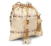 LONGING TO BUY Indian Embroidered Pearl Potli Bag For Women, Sequence Design with Tassel, Wedding Potli Bags Dark Cream- Sequence 8.5 inches x 8.5 inches x 0.1 inches