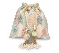 LONGING TO BUY Indian Embroidered Pearl Potli Bag For Women, Sequence Design with Tassel, Wedding Potli Bags, White Mutli-2