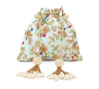 LONGING TO BUY Indian Embroidered Pearl Potli Bag For Women, Sequence Design with Tassel, Wedding Potli Bags, Sky Blue-3