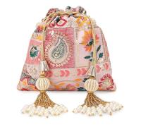 LONGING TO BUY Indian Ethnic Pearls & Sequence Potli Bag for Women, Wedding Potli Bag and For Ethnic Wear, Baby Pink, M