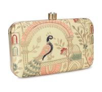 LONGING TO BUY Peacock Embrodiery Vintage Floral Embroidered Evening Clutch Purse, Gold Metal Frame Box Handbag with Crystal Clasp, Cream With Red, Pink, and Sage Green Floral Embroidery Small