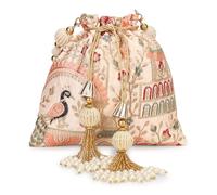 LONGING TO BUY Potli Bags with Golden Embrodiery, Polti Clutch For Wedding, Evening Function Peach L 8" X W 1" x H 9" Inch