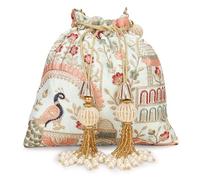 LONGING TO BUY Potli Bags with Golden Embrodiery, Polti Clutch For Wedding, Evening Function, Sky Blue, L 8" X W 1" x H 9" Inch