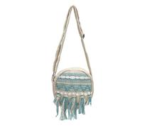 LONGING TO BUY Round Crossbody Shoulder Bag, Boho Woven with Tassels and Shell Embellishments, Adjustable Strap, 7x7x2.5 Inch, Sky Blue Multi, One Size, Round Crossbody Bag