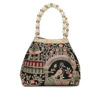 LONGING TO BUY Vintage Peacock Floral Embroidered Potli Bag with Pearl Beaded Handle, Evening Purse, Black 8.5 Inches X 7.5 Inches X 4.0 Inches