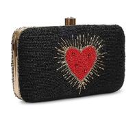 LONGING TO BUY Women's Handcrafted Beaded Box Clutch Purse, Both Side Heart Design, Gold Chain Strap (Black, 8.2 X 5 X 1.5 Inches)