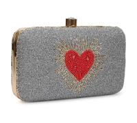LONGING TO BUY Women's Handcrafted Beaded Box Clutch Purse, Both Side Heart Design, Gold Chain Strap (Grey, 8.2 X 5 X 1.5 Inches)