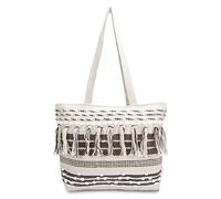 LONGING TO BUY Woven Beach Tote Bag with Fringe Detail, Blue and White Striped Canvas Shoulder Bag with Zipper Closure, Brown, L, Tote Bag