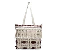 LONGING TO BUY Woven Beach Tote Bag with Fringe Detail, Blue and White Striped Canvas Shoulder Bag with Zipper Closure, Maroon, L