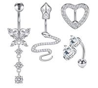 Longita 14G Belly Button Ring 10MM Bar Butterfly Belly Bars Stainless Steel Heart Reverse Belly Button Bar Navel Piercing Jewellery Silver