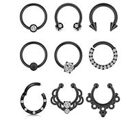 Longita 16G Septum Rings Stainless Steel Segment Rings Nose Septum Clicker Piercing Jewellery for Women Helix Hoop Earrings Horseshoe Nose Ring Septum Piercing 9PCS Black