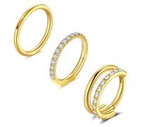 Longita 3 Piece Stainless Steel Clicker Nose Ring Sterling Silver Set Septu Hoop for Nostril/Helix/Tragus/Daith Gold CZ Diamond Designs