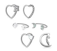 Longita Daith Rook Snug Tragus Piercing Earrings Stainless Steel 16G Heart Moon Shaped Horseshoe Rings Ear Cartilage Ring Body Piercing Jewelry 6PCS-Silver