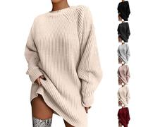 Longline Jumpers for Women UK Elegant Womens Jumpers Dress Fashion Crew Neck Pullover Sweaters Solid Color Plus Size Ladies Sweaters Casual Long Sleeves Loose Fitting Tops Winter Warm Knitwear Beige