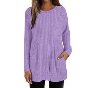 Longline Jumpers for Women UK Plus Size Long Sleeves Womens Chunky Knit Jumpers Lightweight Loose Crew Neck Tops Winter Warm Pullover Sweaters Solid Color Casual Tunic Tops with Pockets Purple