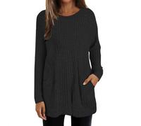 Longline Jumpers for Women UK Plus Size Long Sleeves Womens Chunky Knit Jumpers Lightweight Loose Crew Neck Tops Winter Warm Pullover Sweaters Solid Color Casual Tunic Tops with Pockets Black