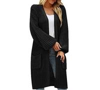 Longline Knee Length Cardigan with Pockets V Neck Long Cardigans for Women UK Casual Knitted Chunky Ladies Cardigans Size 14 Black