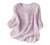 longline tops for women uk Linen Bohemian Style Embroidered Tops Summer Peasant Blouses 3/4 Sleeve Round Neck Lightweight Fashion T-Shirts Office Work Casual Blouse Holiday Beach Wear,ladies t-shirts