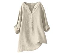 Longline Tops for Women UK Plus Size Cotton Linen Blouse Fashion Button V Neck Shirts Roll Up Long Sleeve Pullover Ladies Casual Baggy Tunics Top Elegant Solid Color Loose Shirt Daily Wear Beige