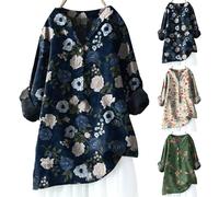 Longline Tunic Tops Women Boho Floral Print Long Sleeve Tee Shirts V Neck Longshirts Plus Size Longblouse Lapel Neck Long Tops to Wear with Leggings (Blue, M)