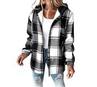 Longline Winter Jacket Women Plaid Hoodies Coat softshell Full Button Checked Jackets Vintage Casual Fleece Hooded Soft Warm Smart Button up Outerwear Viking Sherpa Lined Flannel Sweatshirt Black