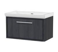 Longnor 1 Drawer Wall Hung Vanity Unit with 0 Tap Hole Traditional Fireclay Basin, Woodgrain Graphite Grey, 800mm
