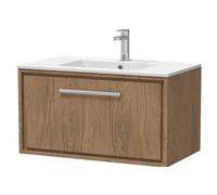 Longnor 1 Drawer Wall Hung Vanity Unit with 1 Tap Hole Minimalist Basin, Antique Oak, 800mm