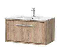 Longnor 1 Drawer Wall Hung Vanity Unit with 1 Tap Hole Minimalist Basin, Light Oak, 800mm