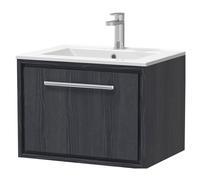 Longnor 1 Drawer Wall Hung Vanity Unit with 1 Tap Hole Minimalist Basin, Woodgrain Graphite Grey, 600mm