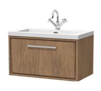 Longnor 1 Drawer Wall Hung Vanity Unit with 1 Tap Hole Modern Fireclay Basin, Antique Oak, 800mm