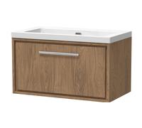 Longnor 1 Drawer Wall Hung Vanity Unit with 1 Tap Hole Modern Fireclay Basin, Antique Oak, 800mm