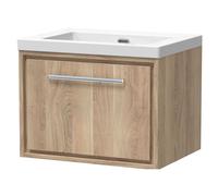 Longnor 1 Drawer Wall Hung Vanity Unit with 1 Tap Hole Modern Fireclay Basin, Light Oak, 600mm