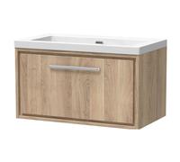 Longnor 1 Drawer Wall Hung Vanity Unit with 1 Tap Hole Modern Fireclay Basin, Light Oak, 800mm