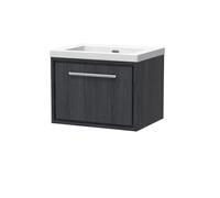 Longnor 1 Drawer Wall Hung Vanity Unit with 1 Tap Hole Modern Fireclay Basin, Woodgrain Graphite Grey, 600mm