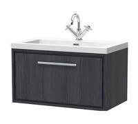 Longnor 1 Drawer Wall Hung Vanity Unit with 1 Tap Hole Modern Fireclay Basin, Woodgrain Graphite Grey, 800mm