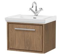 Longnor 1 Drawer Wall Hung Vanity Unit with 1 Tap Hole Traditional Fireclay Basin, Antique Oak, 600mm