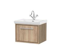 Longnor 1 Drawer Wall Hung Vanity Unit with 1 Tap Hole Traditional Fireclay Basin, Light Oak, 600mm