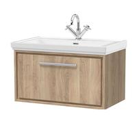 Longnor 1 Drawer Wall Hung Vanity Unit with 1 Tap Hole Traditional Fireclay Basin, Light Oak, 800mm