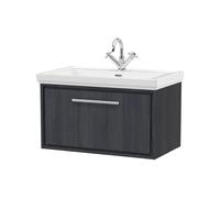 Longnor 1 Drawer Wall Hung Vanity Unit with 1 Tap Hole Traditional Fireclay Basin, Woodgrain Graphite Grey, 800mm