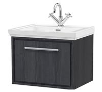Longnor 1 Drawer Wall Hung Vanity Unit with 1 Tap Hole Traditional Fireclay Basin, Woodgrain Graphite Grey, 600mm
