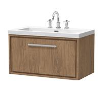 Longnor 1 Drawer Wall Hung Vanity Unit with 3 Tap Hole Modern Fireclay Basin, Antique Oak, 800mm