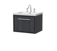 Longnor 1 Drawer Wall Hung Vanity Unit with 3 Tap Hole Modern Fireclay Basin, Woodgrain Graphite Grey, 600mm