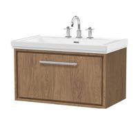 Longnor 1 Drawer Wall Hung Vanity Unit with 3 Tap Hole Traditional Fireclay Basin, Antique Oak, 800mm