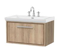 Longnor 1 Drawer Wall Hung Vanity Unit with 3 Tap Hole Traditional Fireclay Basin, Light Oak, 800mm