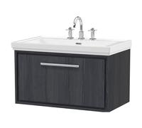 Longnor 1 Drawer Wall Hung Vanity Unit with 3 Tap Hole Traditional Fireclay Basin, Woodgrain Graphite Grey, 800mm